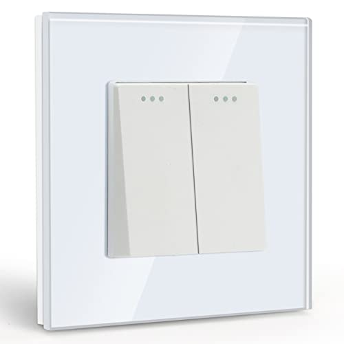 BSEED Interruptor de luz 2 Gang 1 Vía,interruptor pared con marco de cristal,10 Amp Blanco Interruptor de luz de botón pulsador,Interruptor de palanca 86mm