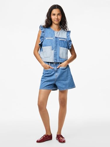Short en jean patchwork bicolore au design asymétrique