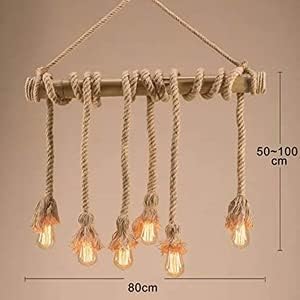 Image of Rustic Jute Rope Hanging Light with Wooden Beam 6 Light Pendant Ceiling Lamp Farmhouse Hanging Light for (Bulb not Included), Pack of 2
