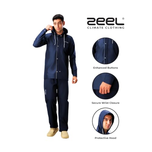 Image of ZEEL Rain Coat For Men with Adjustable Hood, Polyester Waterproof Full Sleeves Raincoat, Top and Bottom Set Rainwear, Front Zip with Flap, Lightweight Raincoat (EWF74, Blue, L)