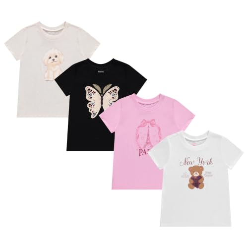 Image of BTween Girls 4 Piece Tops Fashionable Short Sleeve T-Shirt Casual Daily Shirt for Kids Assorted Colors