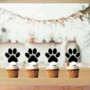 Miniatura 6 de 24 piezas de decoración de fiesta de pata de perro, decoración de una sola cara negra con purpurina para cupcakes de pata de cachorro, tema de
