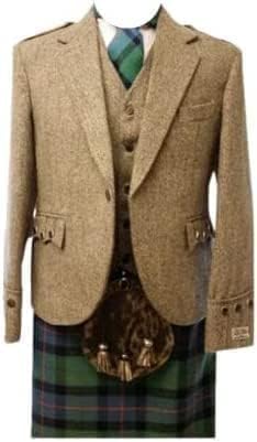 Scottish Mens Khaki Argyle Argyll Kilt Jacket & Vest 100% Tweed Wool Wedding Kilt Jacket (US, Numeric, 40, Regular, Short, Khaki)