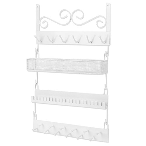 Mygift 4-Tier Wall Mounted White Metal Hanging Jewelry Organizer With 18 Hooks, Earring Holder And Necklace, Bracelet Display Rack #TOP6