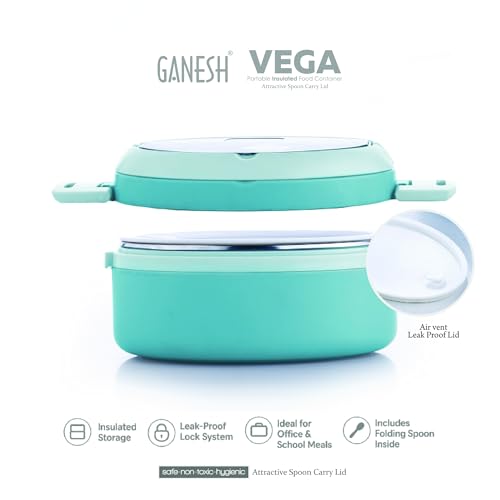 Image of Ganesh 1 Compartment Vega Portable Insulated Food Container with Attractive Spoon - Airtight Leak-Proof Lunch Box for Office, School, Picnic - 400ml Peach