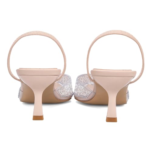 Image of YIYA Women's Clear Slingback Heels with Pearl Studded Pointed Toe Kitten Mid Heels Sparkly Rhinestone Slip On Wedding Party Shoes