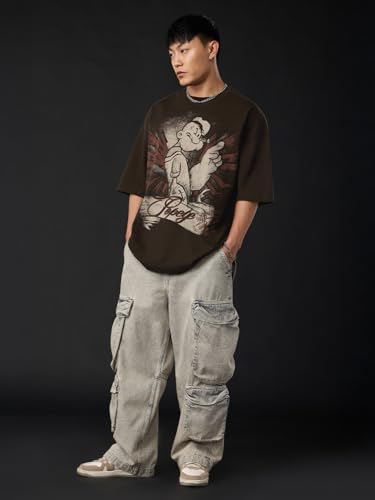 Image of The Souled Store Popeye: Wings Men and Boys Short Sleeves Round Neck Brown Graphic Printed Cotton Oversized Heavy Gauge Fabric Drop Shoulder Streetwear All-Season T-Shirt