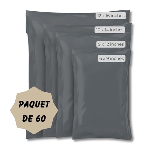 Double Dragon 60 Mixed Size Self-Seal Mailer Bags | Tamper-Proof Plastic Packaging for Mailing, Postage, Shipping & Delivery | Grey (4 Sizes | Small to Large | 15 Each)