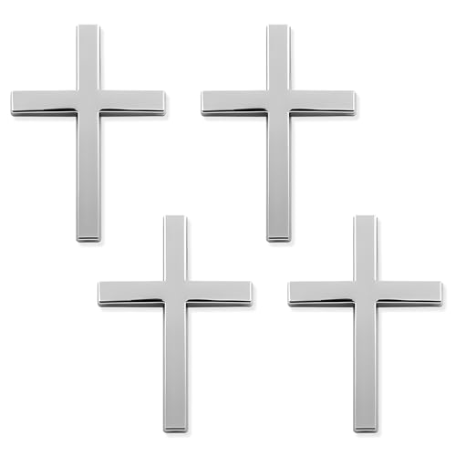 Image of 4PCS Metal Christian Cross Emblem Stickers, 2.5x1.8in 3D Jesus Christ Auto Emblem Badge Decal, Self-Adhesive Styling Cross Decal Decoration for Trunk Tailgate Side Fender (Silver)