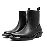 ENOEGMSD Men's Leather Chunky Heel Chelsea Boots Fashion Metal Decoration Square Toe Side Zip Dress Boots Comfortable Business Casual Ankle Boots (Black,12)