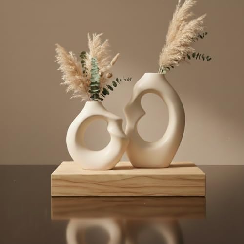Image of Modern Abstract Ceramic Vases Set of 2 for Home Decor | Matte Finish Hollow Design Flower Vases for Living Room, Bedroom & Office | Minimalist Nordic Tabletop Decorative Vases - White