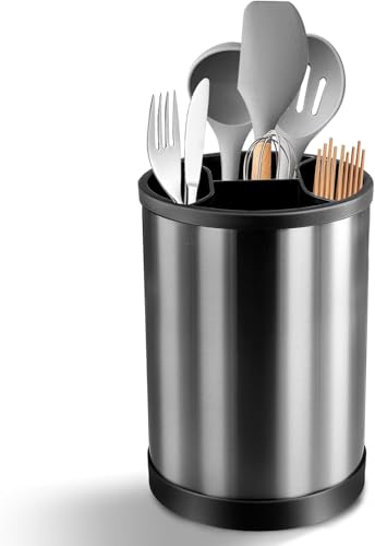 Qobobo Soporte para utensilios de cocina para la superficie de trabajo, soporte redondo de acero inoxidable, soporte giratorio de 360°, recipiente para utensilios de cocina, almacenamiento de
