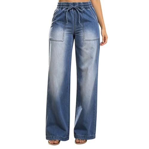 Pantalones de mezclilla para mujer pierna ancha recta holgada lavada vintage retro suaves