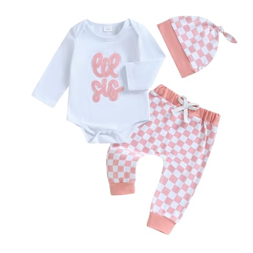 Little Sister Newborn Outfit Fall Clothes Long Sleeve Romper Bodysuit Plaid Pants Set Cute Coming Home Outfit(A-Pink,0-3 Months)