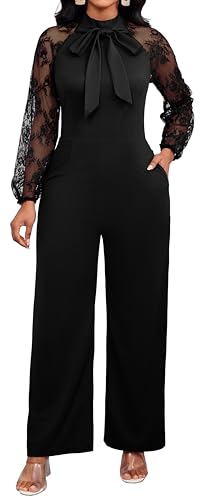 Oxgmoky Women's Formal Jumpsuit Black Lace Long Sleeve Party Work