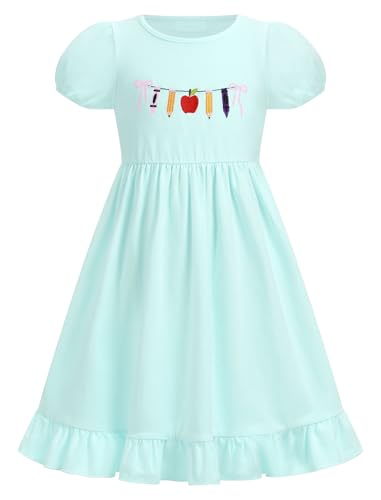 IMEKIS Toddler Kids Girls Back to School Dress Short Sleeve Embroidered Apple Pencil Kindergarten Outfit 3-8T