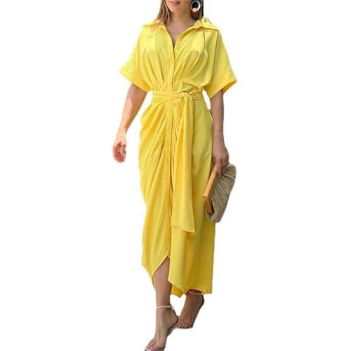 Vestido camisero maxi de satén con botones para mujer | Primavera verano