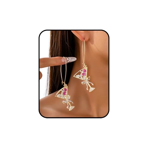 Cocktail Martini Drop Earrings for Women Gold Tone Rhinestone Drip Oil Dangle Drop Creative Party Statement Jewelry for Banquet Night Out (Gold-Pink)