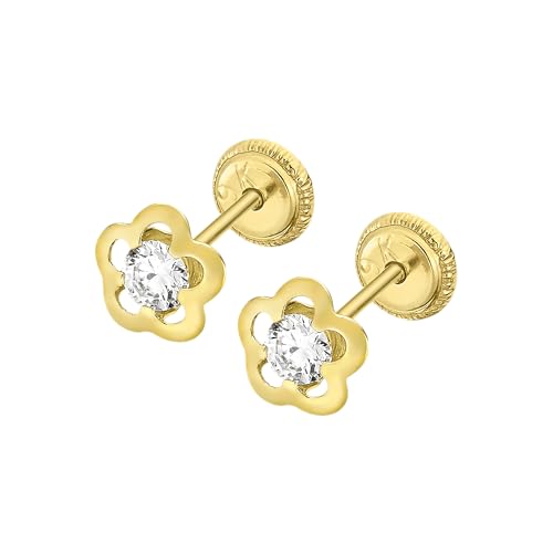 TIME ROAD Pendientes Bebé Niña de Oro 9K LG00278 - Cierre Seguro de Rosca - Infantil 3, 6, 12 a 24 meses - Ideal como Regalo de Nacimiento, Bautizo o Cumpleaños