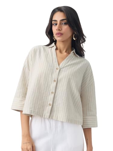Image of The Souled Store Cotton Linen Shirt: Women and Girls Drop-Shoulder Sleeves Spread Collar Stripes Lightweight Casual Oversized Shirt