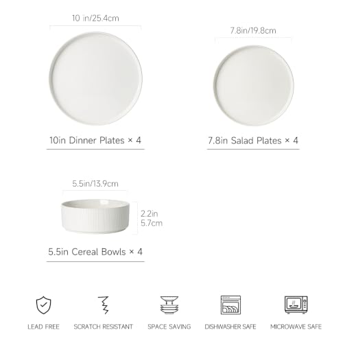 Image of Stoneware Dinnerware Sets for 4, 12Pcs Plates and Bowls Set, Cream White | Handmade Reactive Glaze Ceramic Dishes, Microwave and Dishwasher Safe, Modern Minimalist Ribbed Tableware for Everyday Use