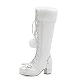 Women Fashion Block Chunky Heel Side Zipper Platform Warm Fur Knee High Boots Sweet Bownot Cosplay Lolita Princess Shoes, White, 4