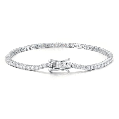 ReyFolop Moissanite Tennis Bracelet for Women - 18K White Gold Plated Silver - 2mm 3mm 4mm 5mm D Color VVS1 Moissanite - Double Safety Clasp Hypoallergenic Mens Bracelets (2MM 6 inches)