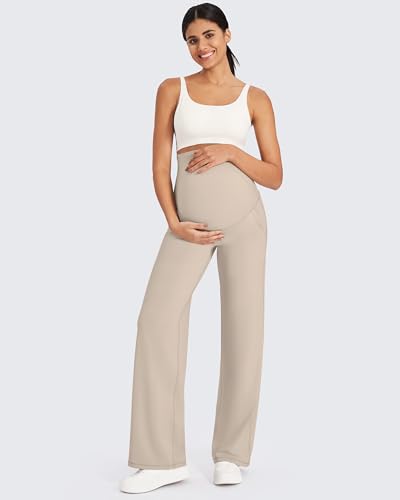 G4Free Umstandshose Damen Hohe Taille Yogahose mit Taschen Weites Bein Umstandsmode für Schwangere Lang Freizeithose Stretch Lose Gerade Hose(Helles Khaki,L,30\)
