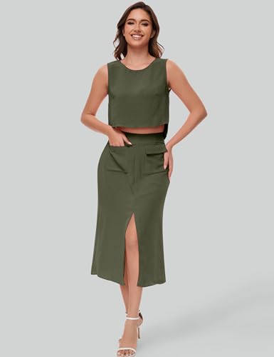 ROYLAMP Women's Summer 2 Piece Outfits Round Neck Crop Top and Split Long Skirt Elegant Casual Matching Set with Pockets3