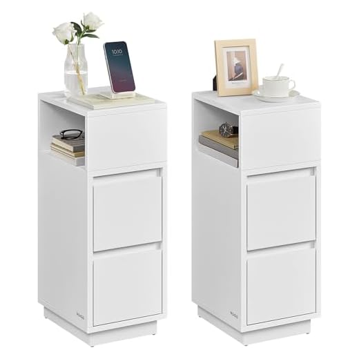 VASAGLE KAILYN Collection - Slim Bedside Tables, Set of 2 Small Narrow Side End Tables with Drawers, Flexible Open Compartment, for Bedroom, Living Room, Cloud White LET856W01