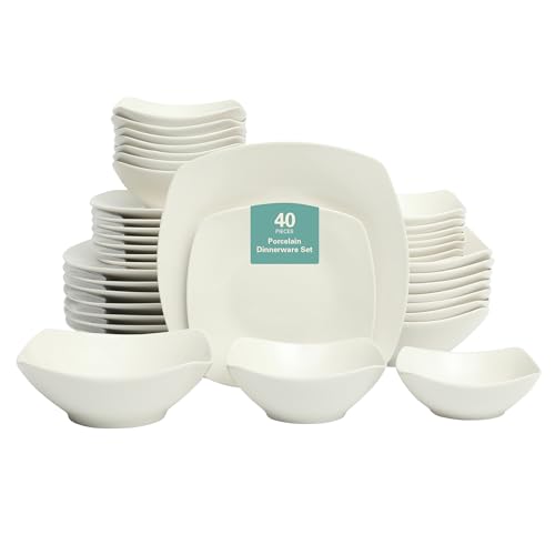 Image of Gibson Home Brentwood 40-Piece Dinnerware Set - Square White Porcelain Plates and Bowls, Service for 8, Dishwasher & Microwave Safe, Modern Everyday Dinner Set with Cereal, Dessert, and Entree Bowls