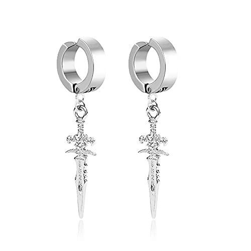 No Piercing Clip On Black Punk Sword Dangle Drop Small Hoop Earrings for Men Women Fake Pierced Kpop Religious Christian Hypoallergenic Stainless Steel Hanging Cool Birthday Bff