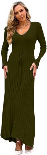 Image of RanRui Womens Winter Fall Pleated Knitted Fit and Flare Long Sleeve Sweater Dress
