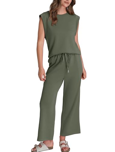 Image of SAMPEEL Two Piece Sets for Women Casual Travel Vacation Outfits Summer Wide Leg Crop Pants Lounge Sets