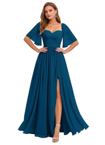 Chiffon Long Bridesmaid Dresses for Women A Line Flutter Sleeve Formal Evening Gowns with Slit Ruffle Prom Dress