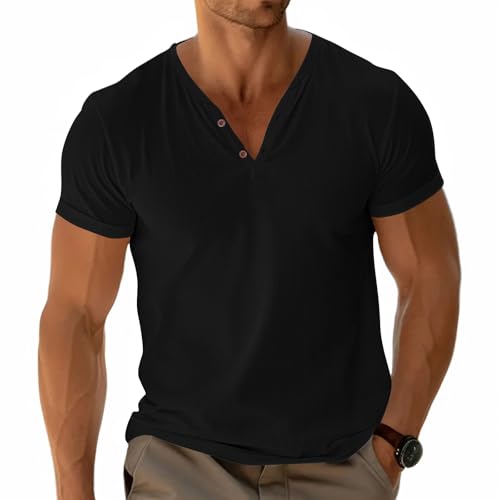 Hommes Henley T-Shirt Basic Tees Manches Courtes Hauts Décontracté Chemise Coton Bouton Col en V Léger Noir XL