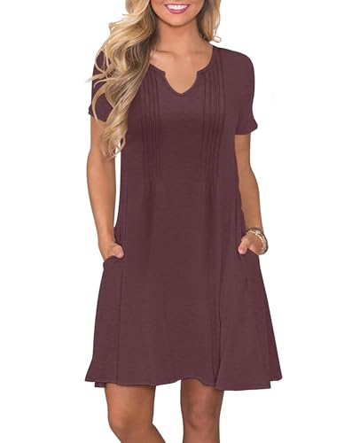 PLOKNRD Femme D'été Robe à Manches Courtes Col en V Décontractées et Plissées T Shirt Robe avec Poches Chic et Elegant(Vin Rouge,S