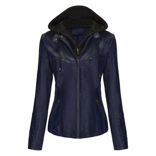 Tops de cuero para mujer Chaqueta de motociclista cuero sintético para mujer con capucha extraíble o no extraíble Abrigos otoño