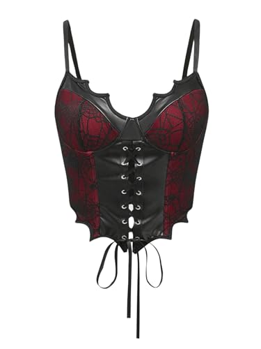 SHENHE Women's Y2k PU Leather Lace Up Spiderweb Lace Gothic Corset Bustier Cami Tank Top