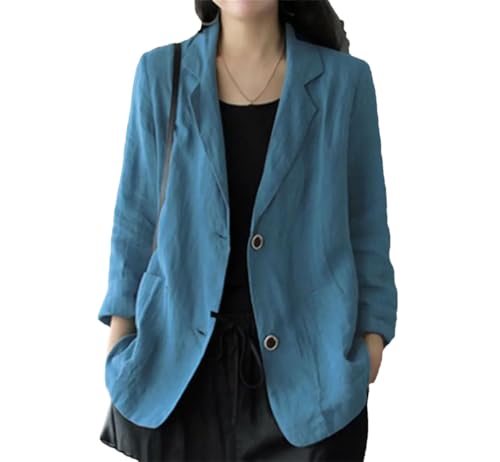 Blazer en coton bleu pour femme veste vintage unie col revers taille 3XL