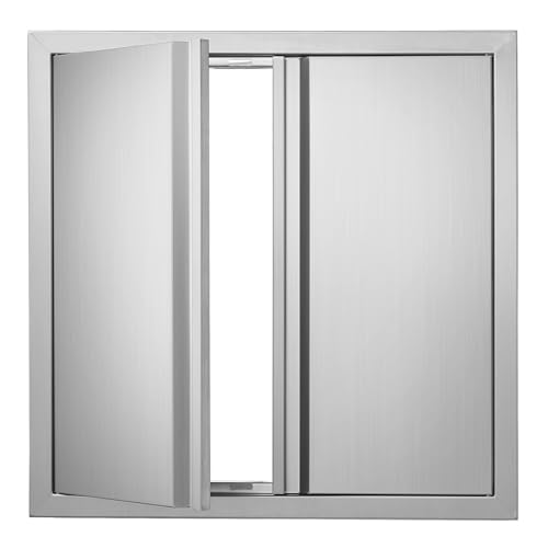 Image of BBQ Access Door 61 x 61 cm or 24 x 24 inches Double Stainless Steel Outdoor Kitchen Door Flush Mount with Retractable Handles Barbecue Grill Island Station Vertical Wall Cabinet Storage Cabinet