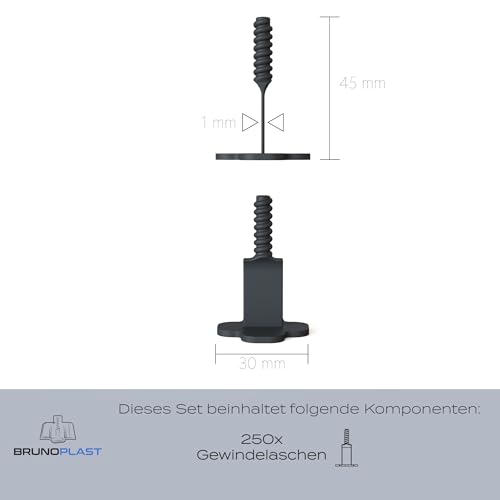 Brunoplast NIVIFIX 250x Gewindelaschen PRO für 1 mm Fugen (Standard/linear), Nivelliersystem zum Verlegen von Wand/Bodenfliesen, Zuglaschen, Fliesenverlegehilfe ohne Fliesenkeile, Fliesen Werkzeug