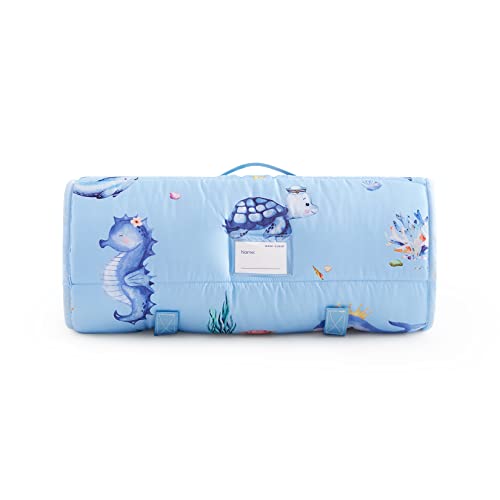 Wake In Cloud - Nap Mat With Removable Pillow For Kids Toddler Boys Girls Daycare Preschool Kindergarten Sleeping Bag, Whale Jellyfish Turtle Printed On Light Blue,100% Soft Microfiber #TOP1