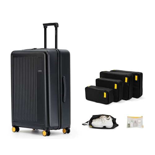 Mokobara MOKOBARA Transit Travel Combo-100L Capacity Polycarbonate Checkin-Large Luggage (Black) With 6-Piece Nylon Packing Cubes Travel Organizer With ToiletryBag Shoe Bag Large & Medium Packing Cubes (Black)