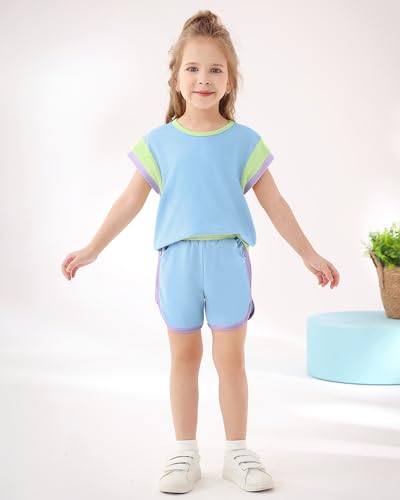 Image of SANMIO Toddler Girl Clothes Summer Toddler Girls Color Block Short Sleeve Shorts Sweatsuit Outfits 2 Piece Clothing Set