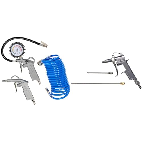 Güde Druckluft-Set 3-tlg. Metall (Reifenfüller, Spiralschlauch 5 m, Ausblaspistole, max. 10 bar) & Güde Druckluft-Ausblaspistole 3-tlg. (Alu-Druckguss, IG 1/4', max. 8 bar, 3 Düsen 25/100 / 200 mm)