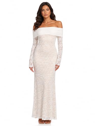 Image of Women's White Off-Shoulder Lace Maxi Dress Long Sleeve Bodycon Gown for Wedding, Party & Evening Events