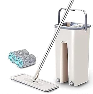 Image of Heavy Quality Floor Mop with Bucket, Flexible Kitchen Tap Flat Squeeze Cleaning Supplies, 360 Flexible Quiet, 2 Reusable Pads, Microfiber, Adjustment Office Home Effective