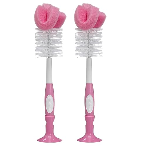 Image of Dr. Brown's Reusable Sponge Baby Bottle Cleaning Brush with Suction Cup Stand, Scrubber and Nipple Cleaner, Pink 2-Pack
