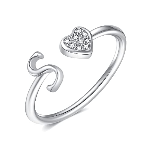 925 Sterling Silver Heart Initial Rings, Adjustable Letter Rings, Stackable Rings for Women – Gifts